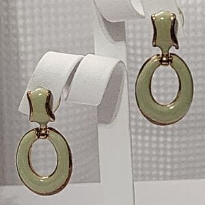 Vintage Green Enamel Drop Earrings Gold Tone Geometric Pierced Dangle